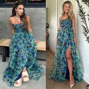 Lulus Wonderful Waltz Green Floral Print Strapless Bustier Maxi Dress Size Small